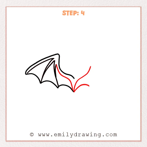 how to draw a dragon wings - Dragon wings drawing with the first wing outlined and boned, plus new guiding arcs extending to the right to begin the second wing’s top and lower edges.